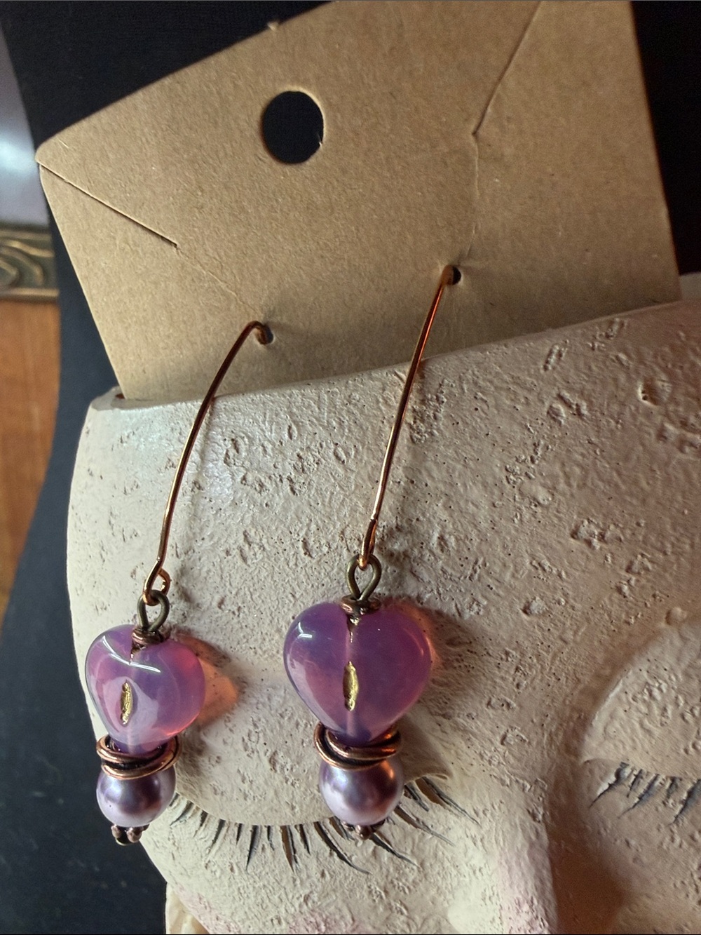 Handmade Purple Heart Glass Drop Earrings - Unbranded